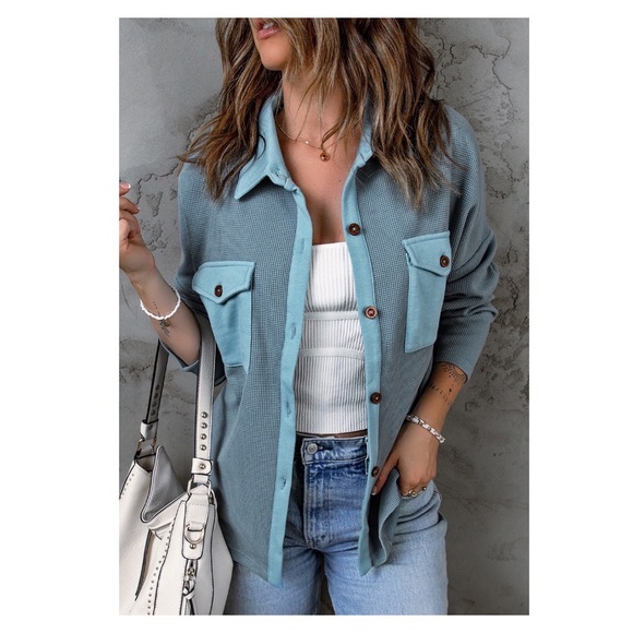 Sky Blue Waffle-Knit Shacket with Pockets - Picture 2 of 4